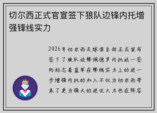 切尔西正式官宣签下狼队边锋内托增强锋线实力
