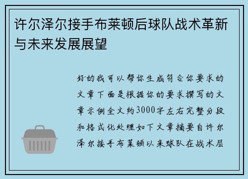 许尔泽尔接手布莱顿后球队战术革新与未来发展展望